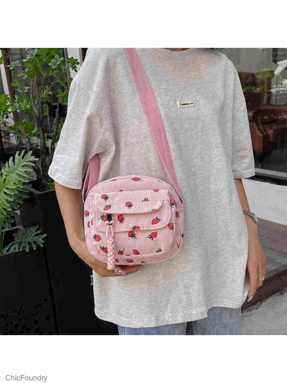 Strawberry Corduroy Tote Bag Large Capacity Crossbody